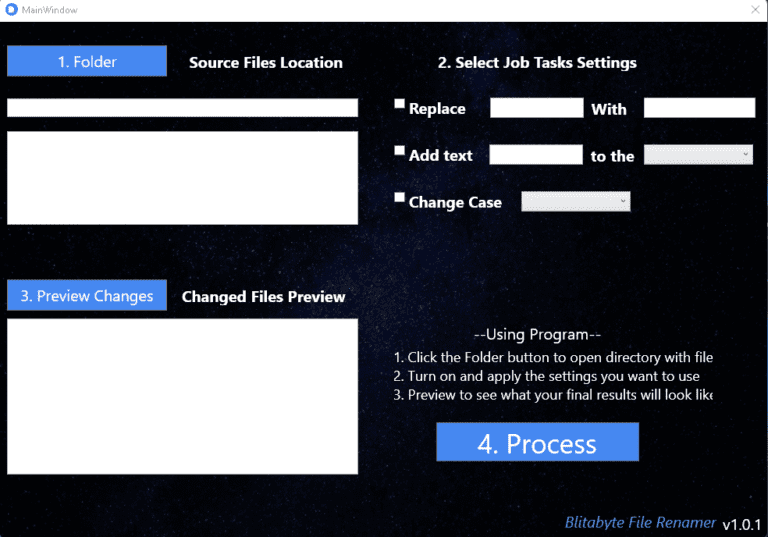 shows layout of blitabyte file renamer program